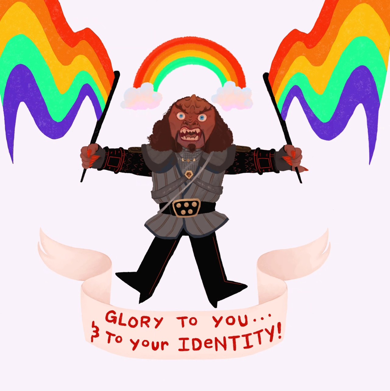 The meme features a character from the Star Trek franchise, Mr. Worf, from the TV show "Star Trek: The Next Generation." He is depicted holding two "Live Long and Prosper" signs, but in this case, they have been modified to read "Live Long and Pride" and "Pride Live Long."